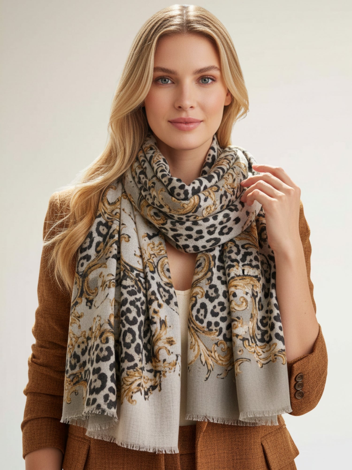 LARGE CREAM VINTAGE LEOPARD PRINT SHAWL SCARF