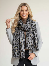 GREY COTTON BLEND METALLIC LEOPARD PRINT SCARF