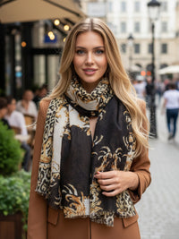 LARGE BLACK VINTAGE LEOPARD PRINT SHAWL SCARF
