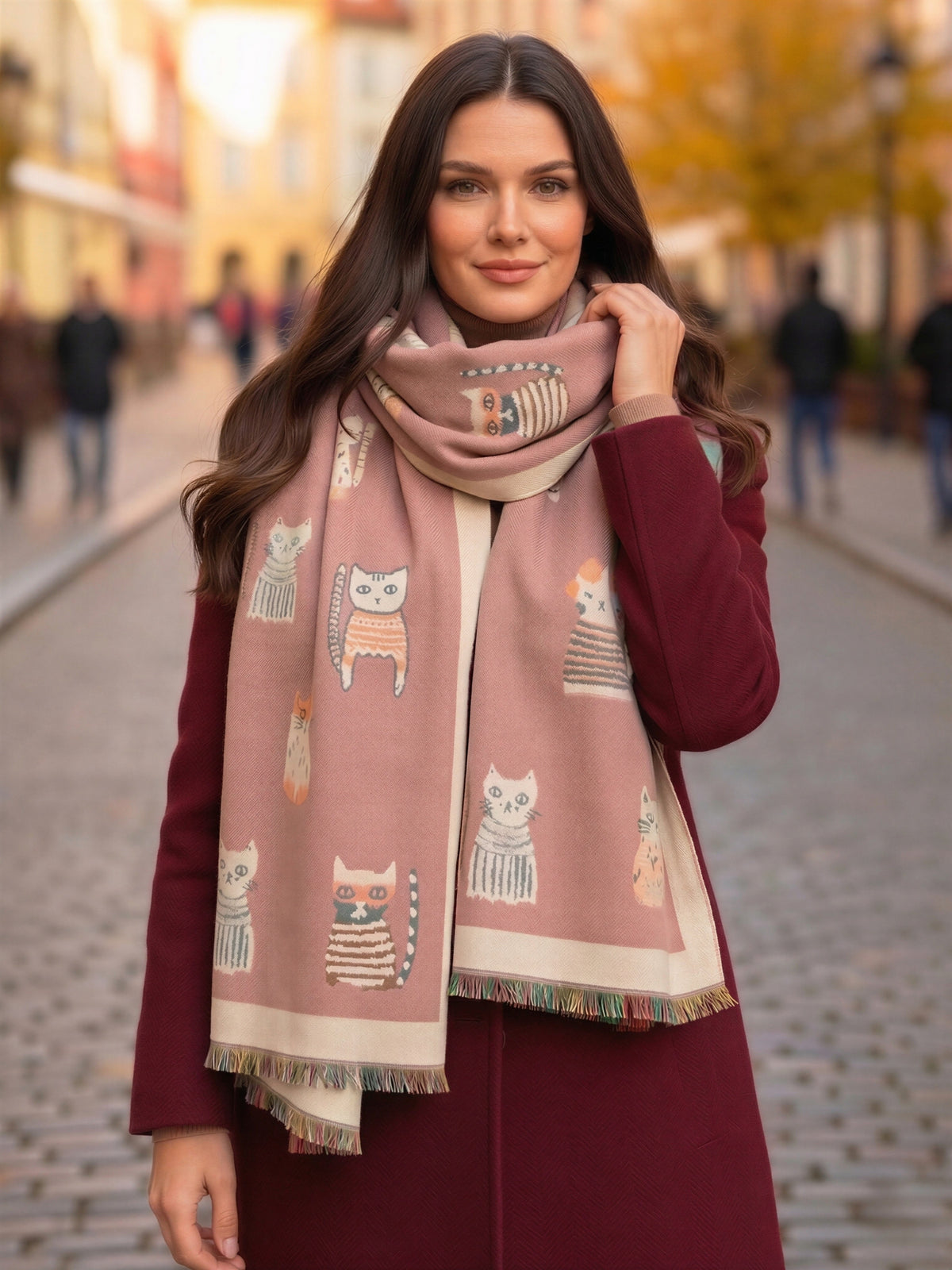 LARGE PINK CAT THICK REVERSIBLE WINTER SHAWL BLANKET SCARF