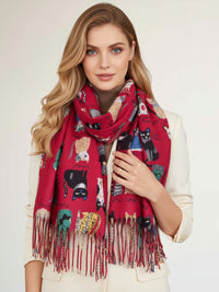 DARK RED CAT PRINT LONG LIGHTWEIGHT SCARF