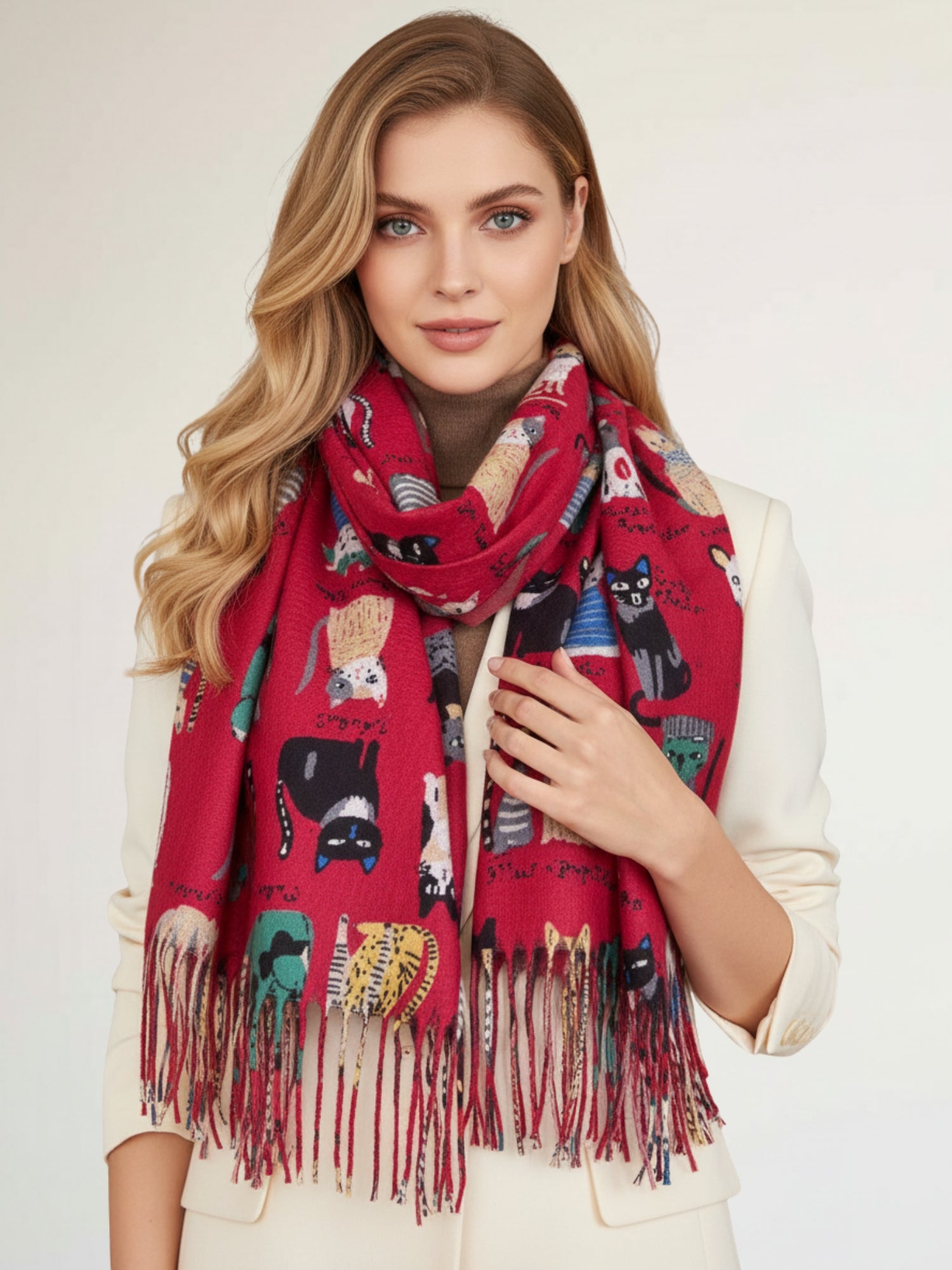 DARK RED CAT PRINT LONG LIGHTWEIGHT SCARF
