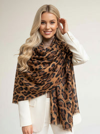 BROWN COTTON BLEND METALLIC LEOPARD PRINT SCARF