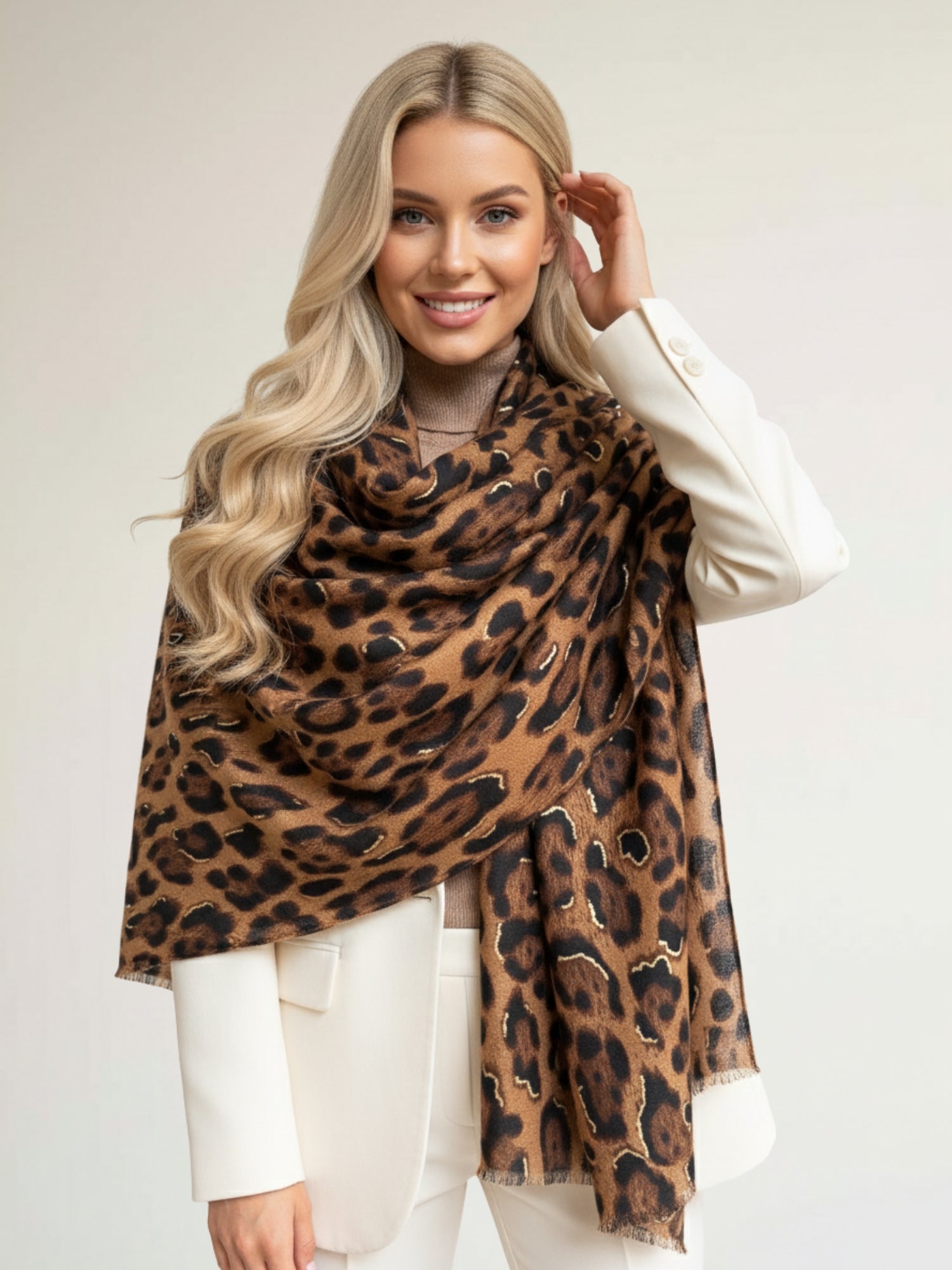 BROWN COTTON BLEND METALLIC LEOPARD PRINT SCARF