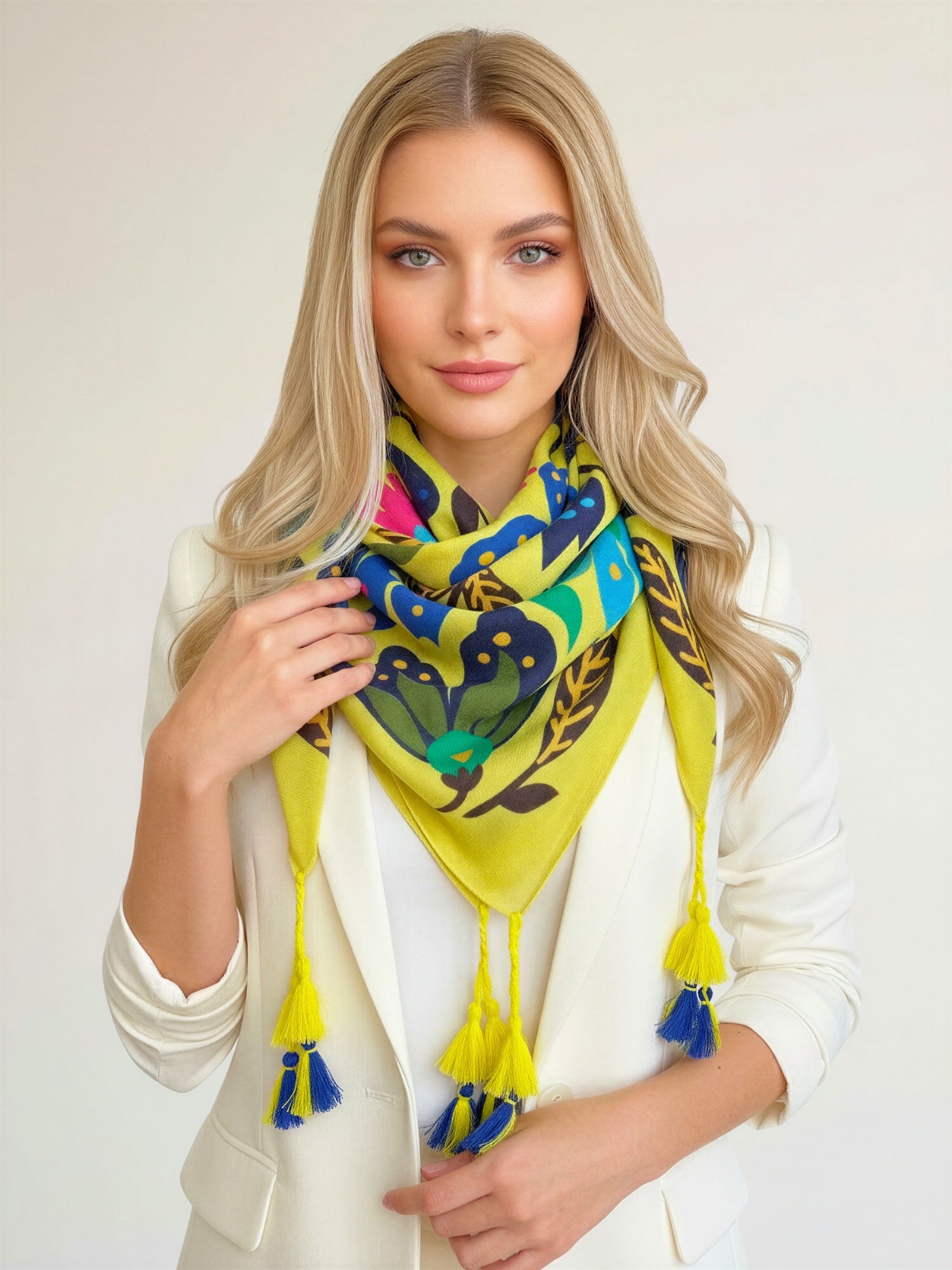 YELLOW LOTUS FLORAL PRINT SQUARE TASSEL SCARF - A-SHU.CO.UK