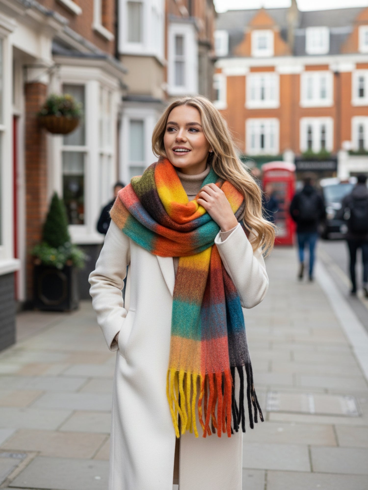 BLACK CHECKED WOOL RAINBOW BLANKET SCARF OVERSIZED WINTER SHAWL WRAP