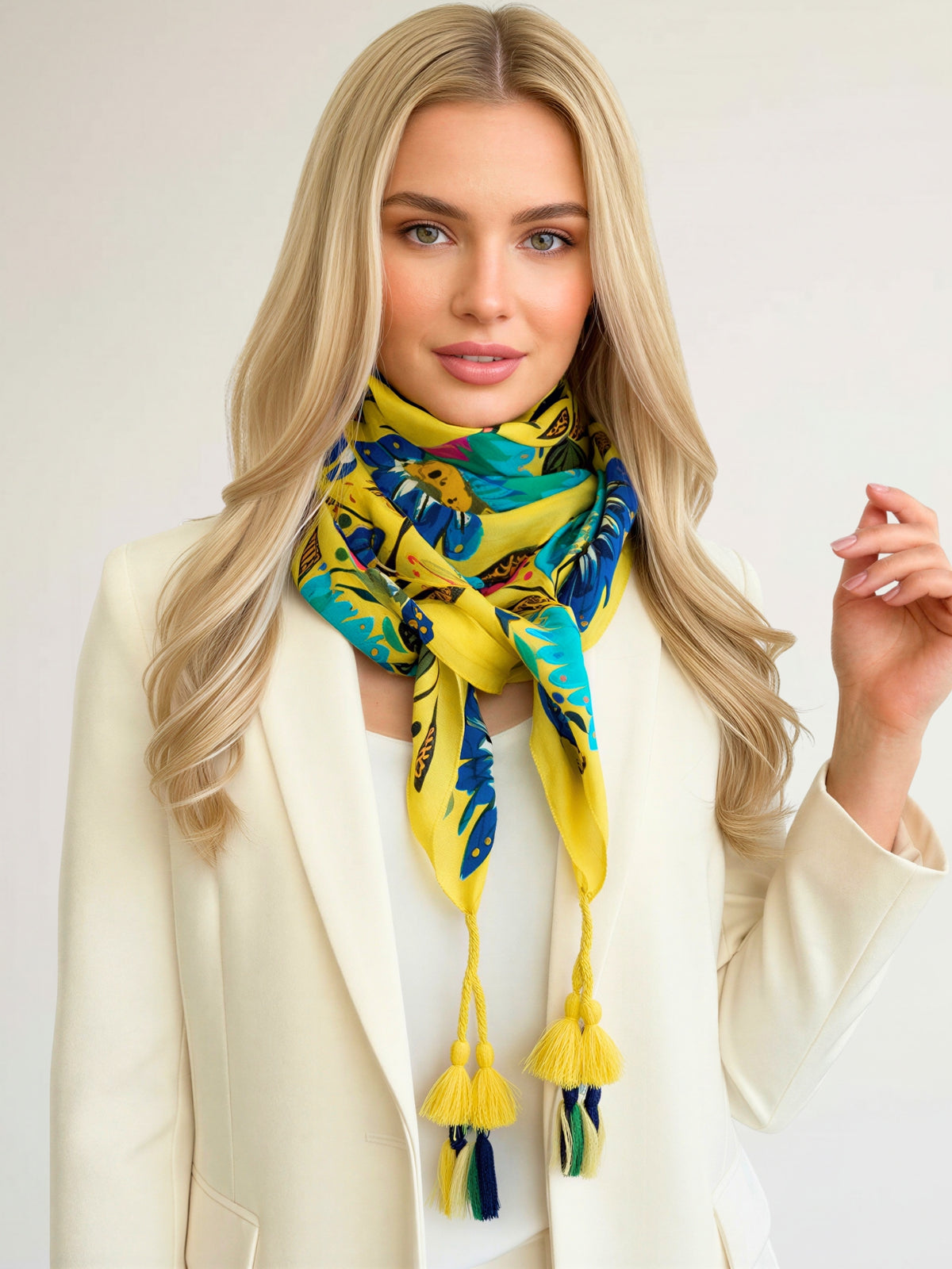 YELLOW LOTUS FLORAL PRINT SQUARE TASSEL SCARF - A-SHU.CO.UK