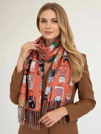 ORANGE CAT PRINT LONG LIGHTWEIGHT SCARF