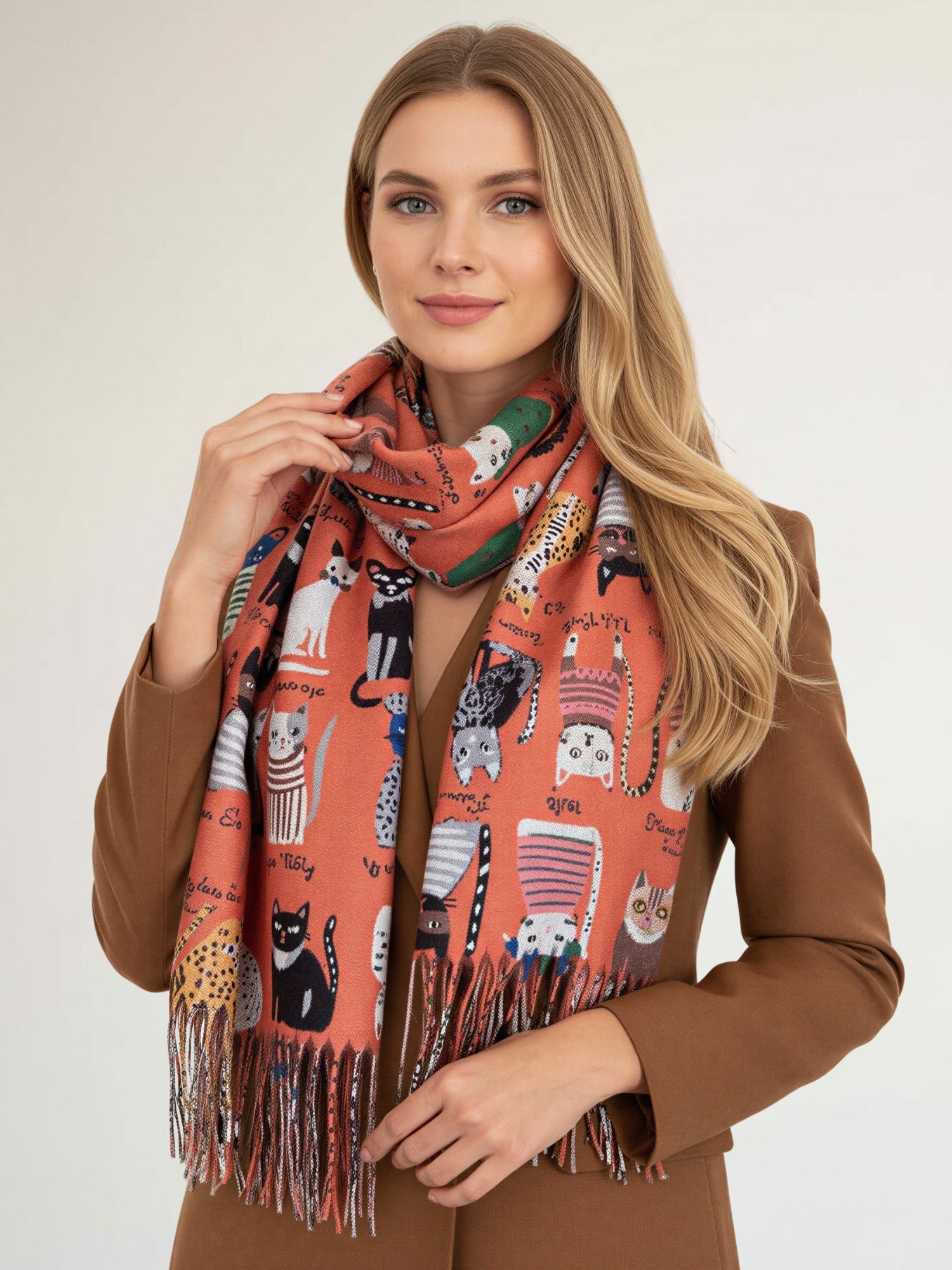 ORANGE CAT PRINT LONG LIGHTWEIGHT SCARF