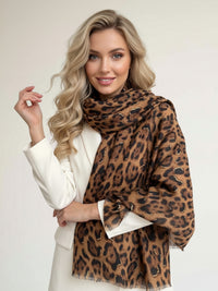 BROWN COTTON BLEND METALLIC LEOPARD PRINT SCARF