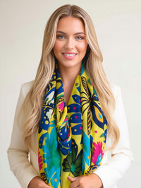 YELLOW LOTUS FLORAL PRINT SQUARE TASSEL SCARF - A-SHU.CO.UK