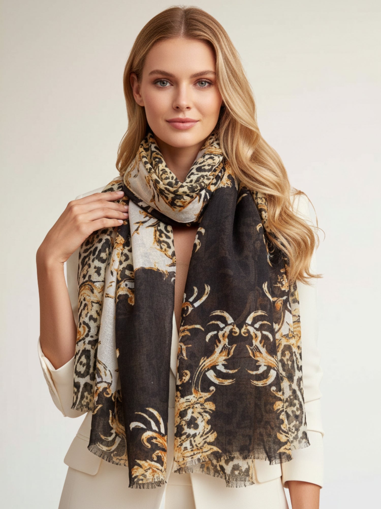 LARGE BLACK VINTAGE LEOPARD PRINT SHAWL SCARF