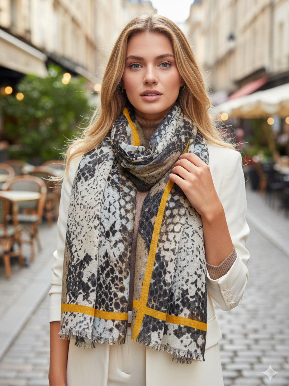 LARGE BEIGE SNAKESKIN PRINT SHAWL SCARF WITH STRIPE