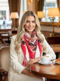 CORAL GARDEN FLORAL PRINT SQUARE TASSEL SCARF - A-SHU.CO.UK