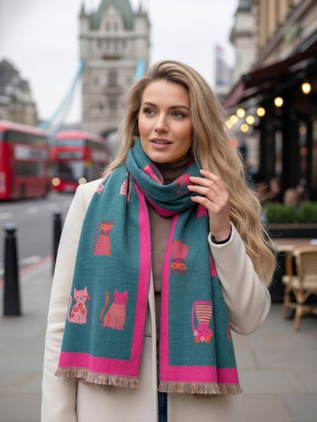 LARGE CASHMERE TEAL CAT PRINT REVERSIBLE WINTER SHAWL BLANKET SCARF