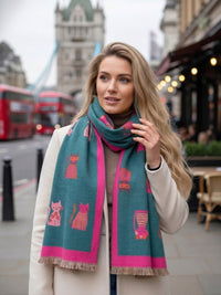 LARGE CASHMERE TEAL CAT PRINT REVERSIBLE WINTER SHAWL BLANKET SCARF