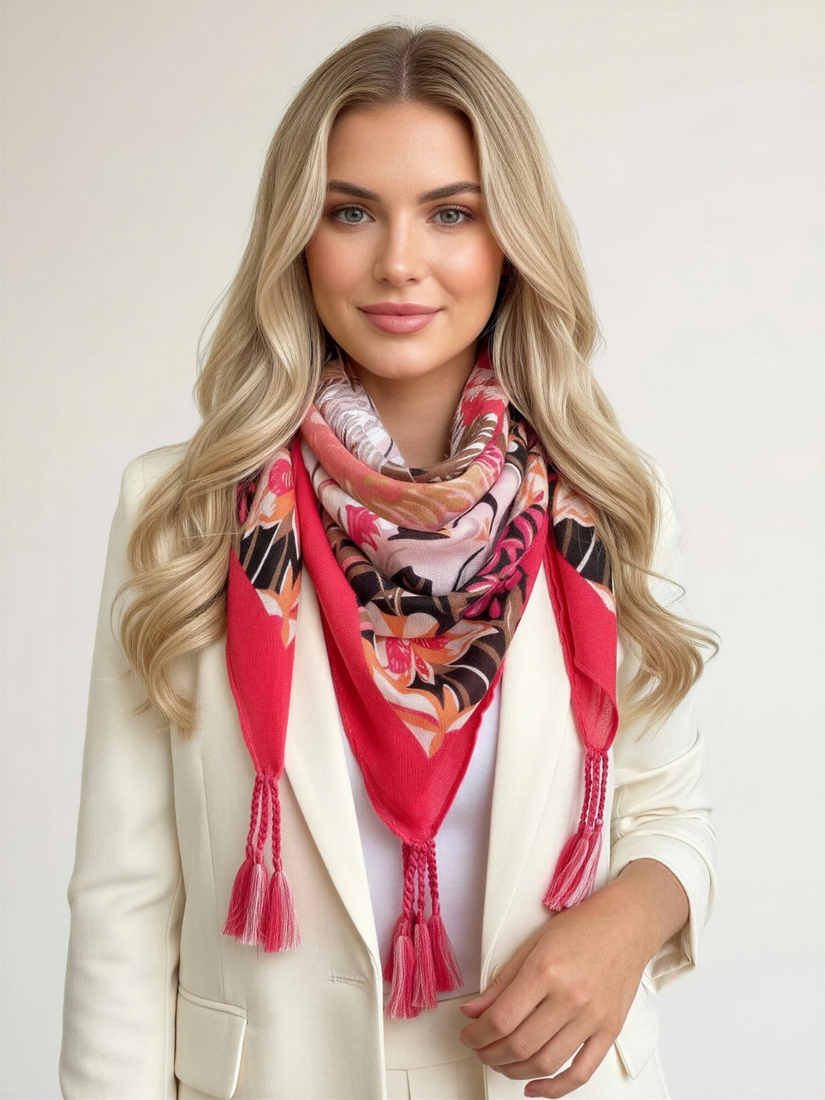 CORAL GARDEN FLORAL PRINT SQUARE TASSEL SCARF - A-SHU.CO.UK