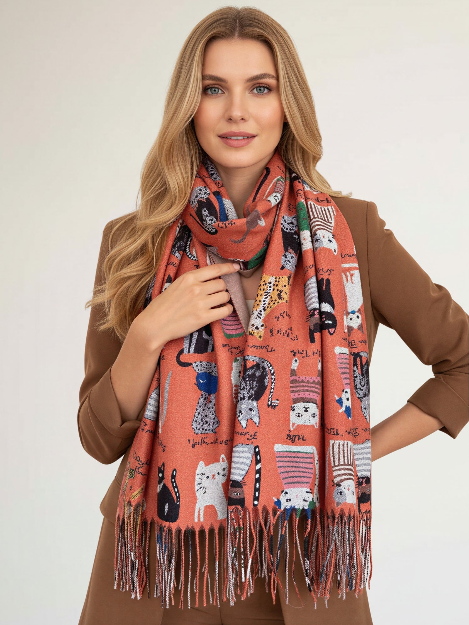ORANGE CAT PRINT LONG LIGHTWEIGHT SCARF