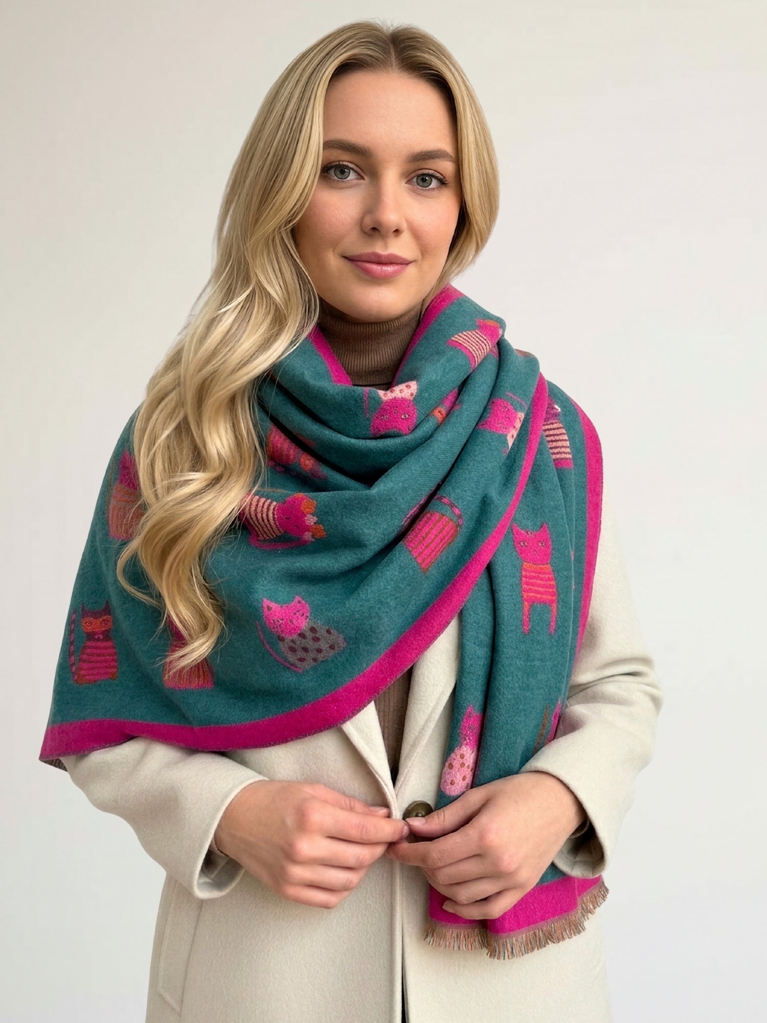 LARGE CASHMERE TEAL CAT PRINT REVERSIBLE WINTER SHAWL BLANKET SCARF