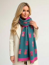 LARGE CASHMERE TEAL CAT PRINT REVERSIBLE WINTER SHAWL BLANKET SCARF