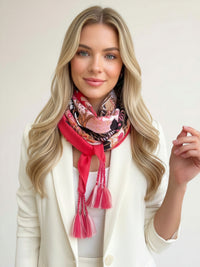 CORAL GARDEN FLORAL PRINT SQUARE TASSEL SCARF - A-SHU.CO.UK