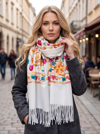 LARGE WHITE FLOWER PRINT CASHMERE COTTON BLEND WINTER SHAWL BLANKET SCARF
