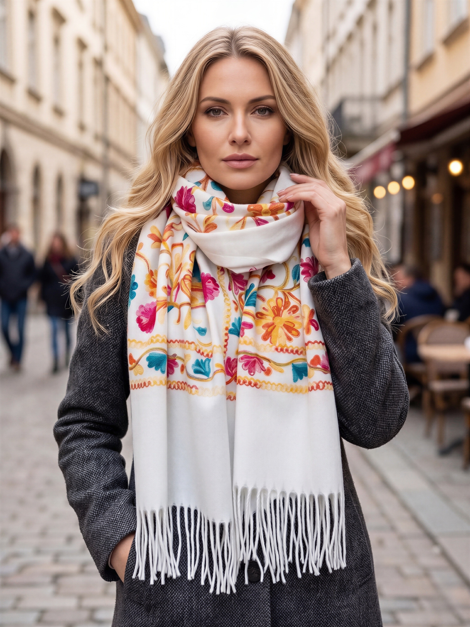 LARGE WHITE FLOWER PRINT CASHMERE COTTON BLEND WINTER SHAWL BLANKET SCARF