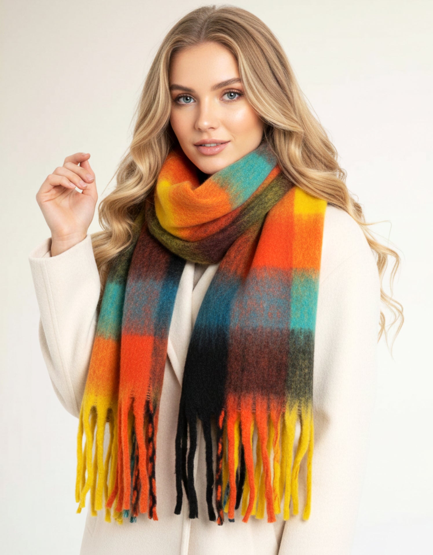 BLACK CHECKED WOOL RAINBOW BLANKET SCARF OVERSIZED WINTER SHAWL WRAP