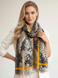 LARGE BEIGE SNAKESKIN PRINT SHAWL SCARF WITH STRIPE