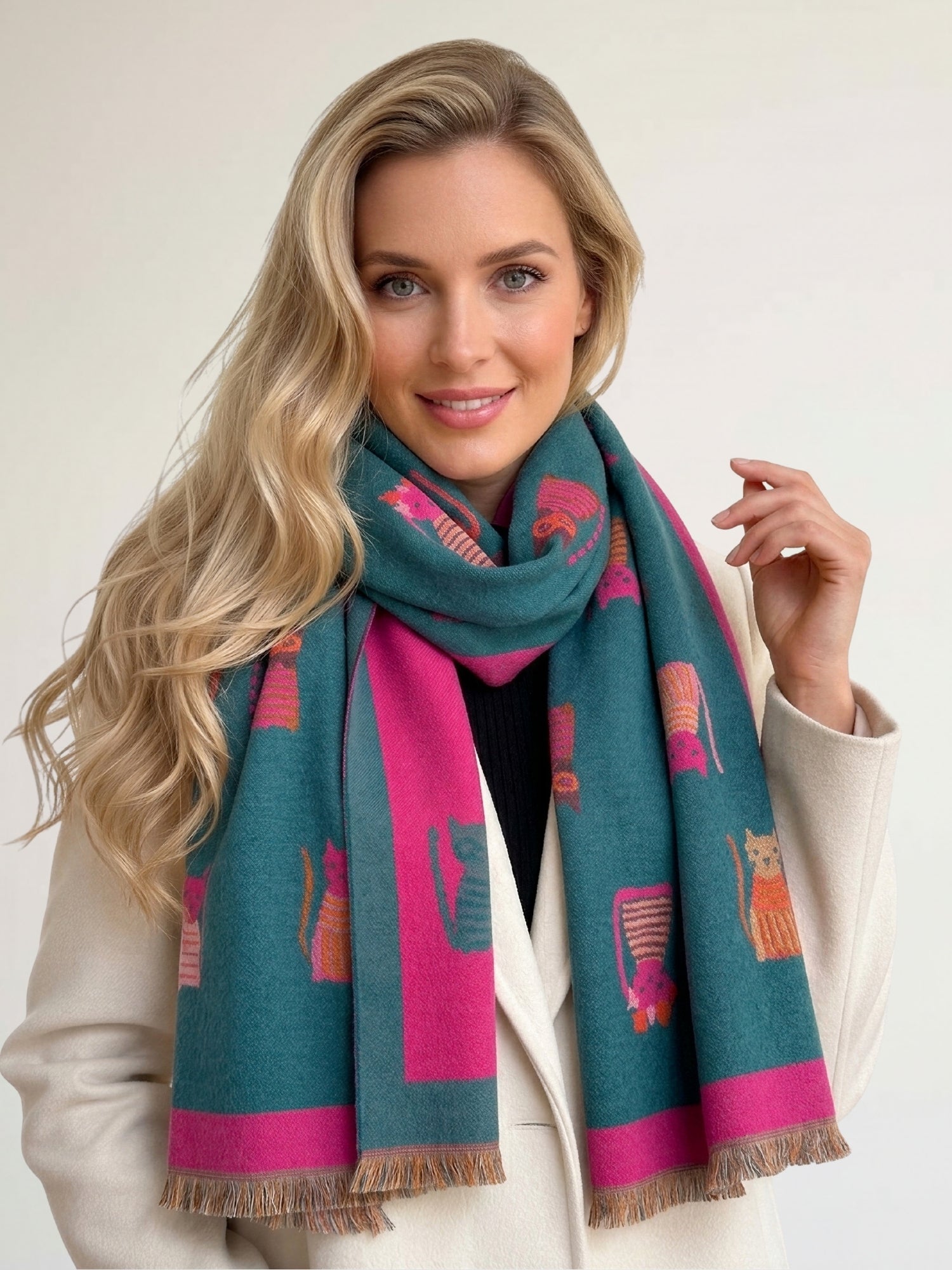 LARGE CASHMERE TEAL CAT PRINT REVERSIBLE WINTER SHAWL BLANKET SCARF