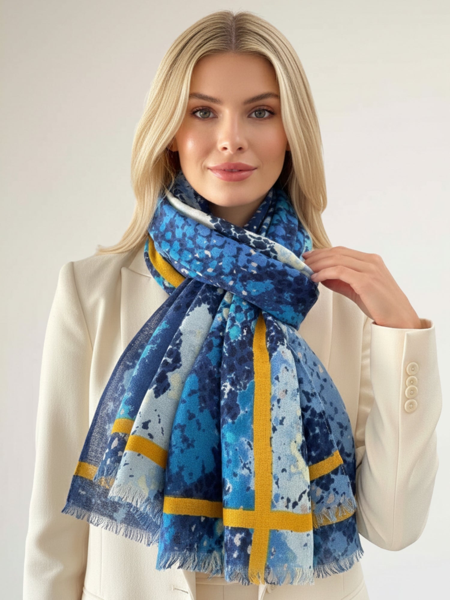 LARGE BLUE SNAKESKIN PRINT SHAWL SCARF WITH STRIPE