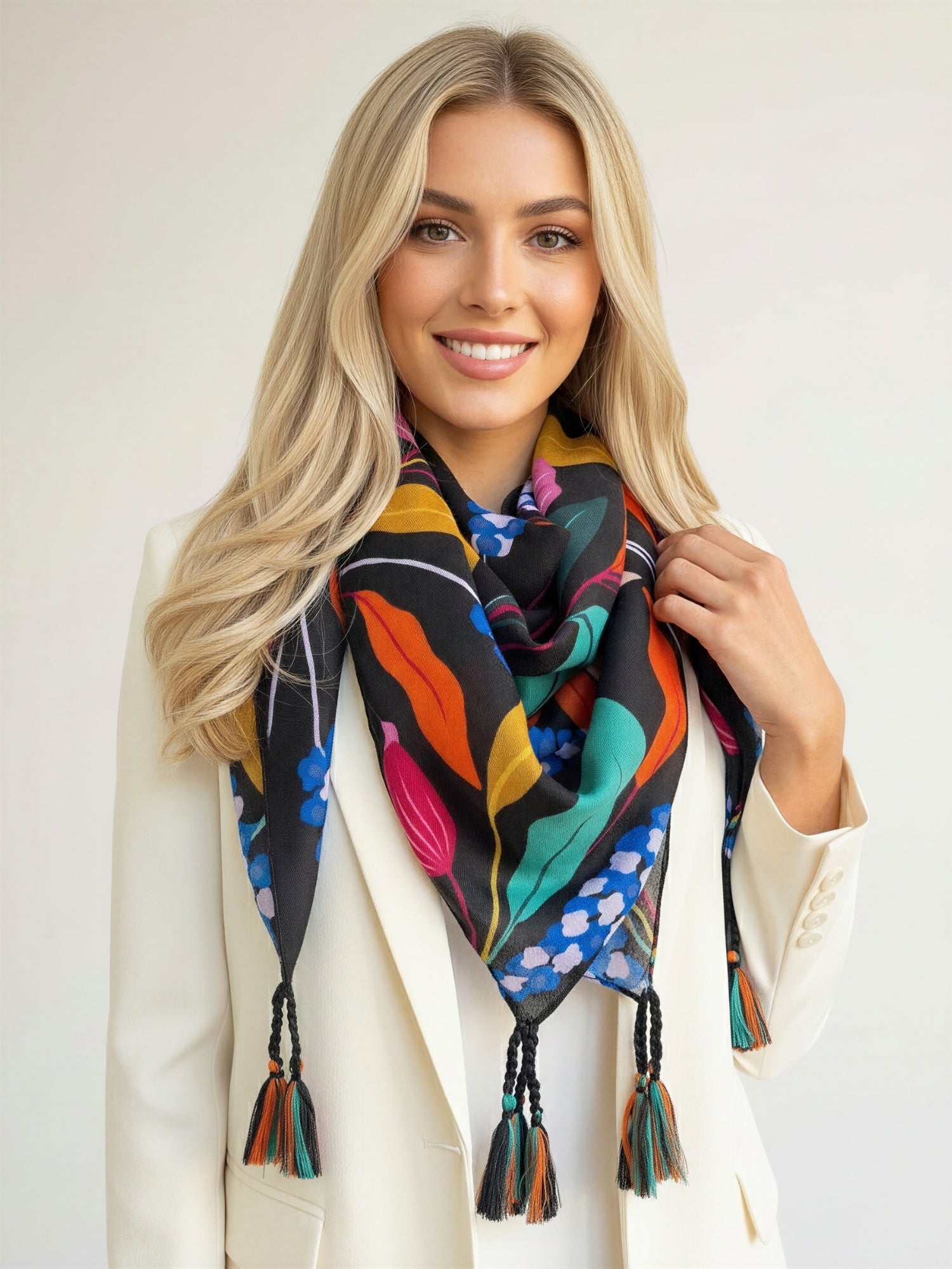 BLACK ROSE FLORAL PRINT SQUARE TASSEL SCARF - A-SHU.CO.UK