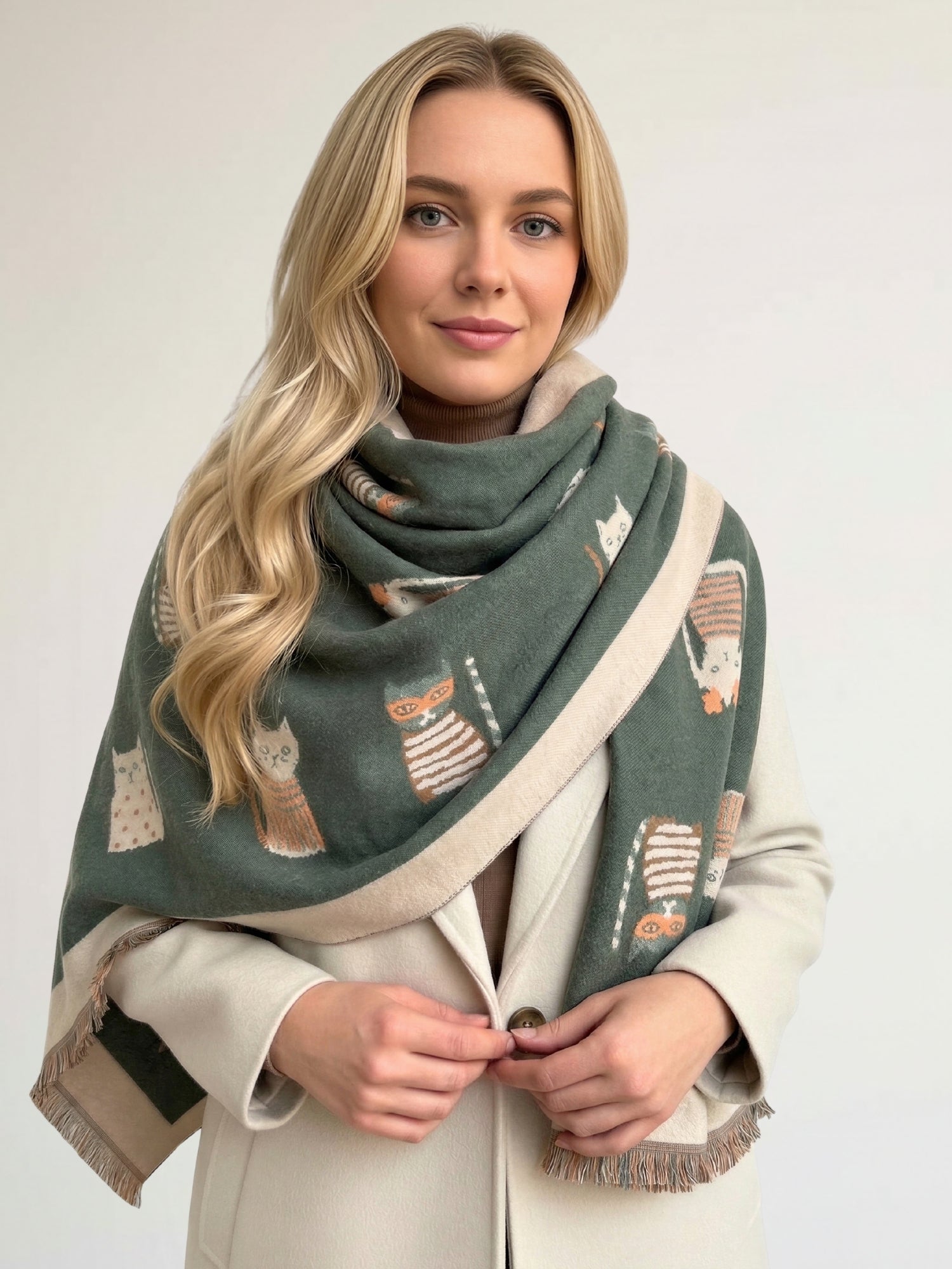 LARGE CASHMERE FOREST GREEN CAT PRINT REVERSIBLE WINTER SHAWL BLANKET SCARF