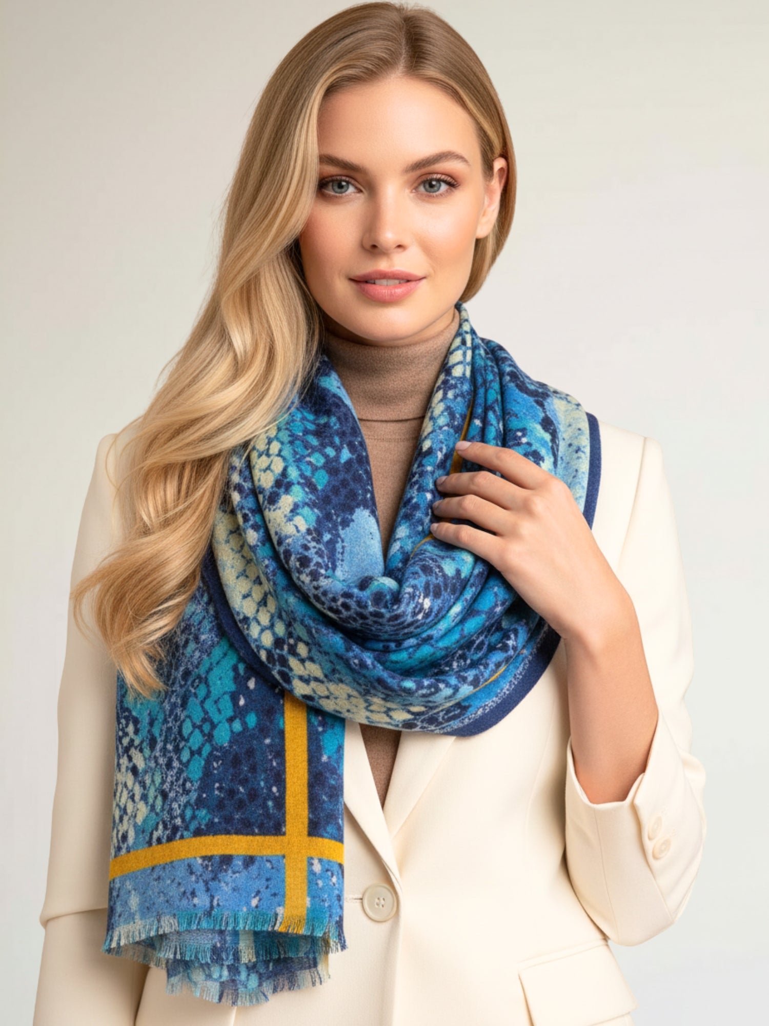 LARGE BLUE SNAKESKIN PRINT SHAWL SCARF WITH STRIPE