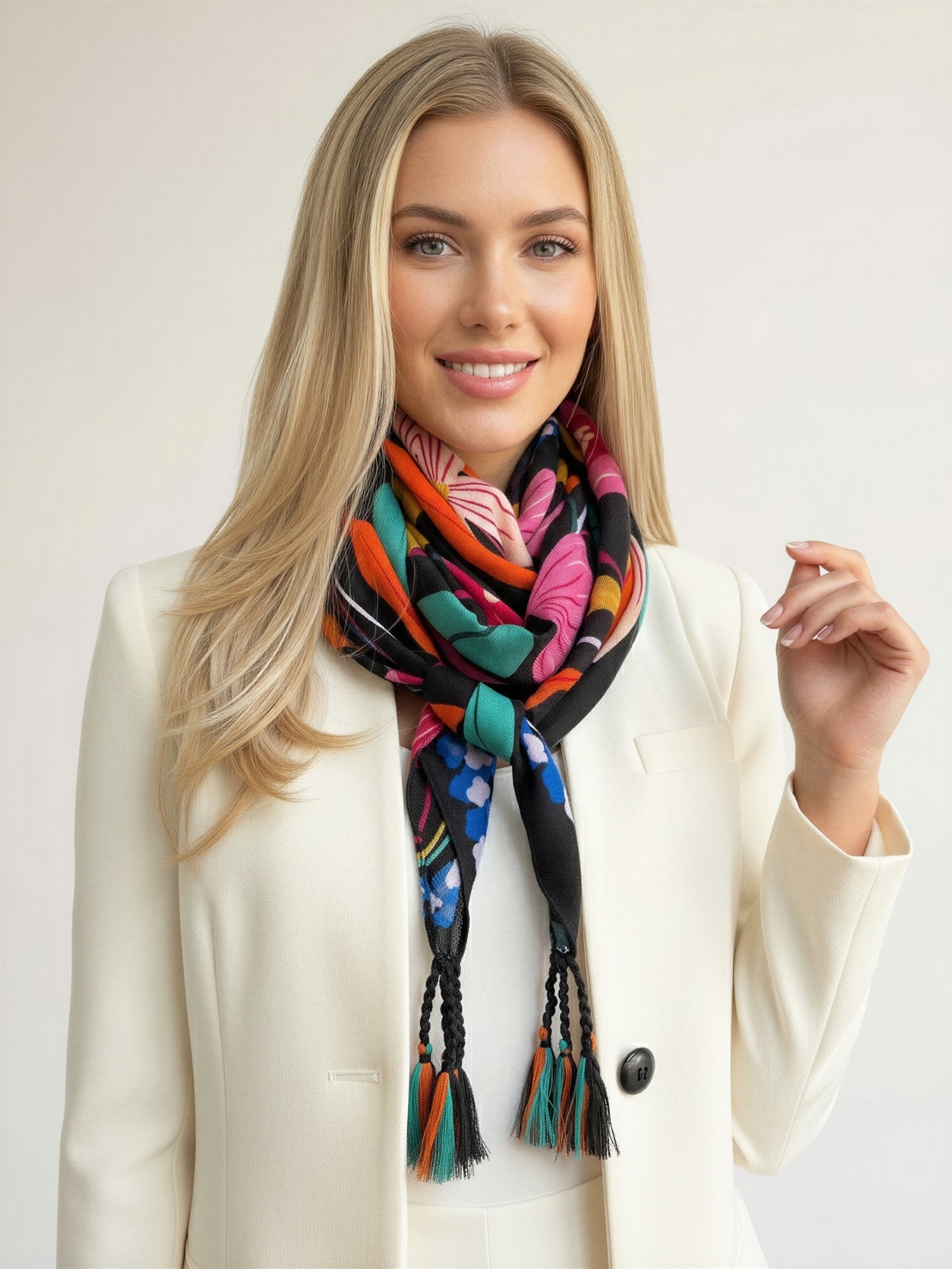 BLACK ROSE FLORAL PRINT SQUARE TASSEL SCARF - A-SHU.CO.UK