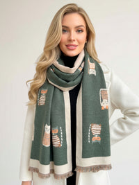 LARGE CASHMERE FOREST GREEN CAT PRINT REVERSIBLE WINTER SHAWL BLANKET SCARF