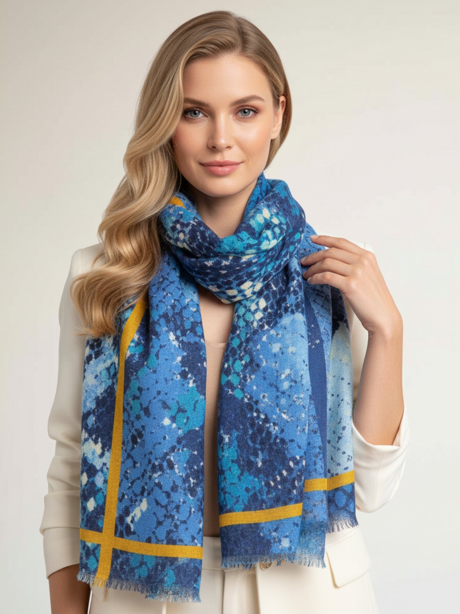 LARGE BLUE SNAKESKIN PRINT SHAWL SCARF WITH STRIPE