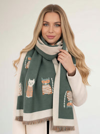 LARGE CASHMERE FOREST GREEN CAT PRINT REVERSIBLE WINTER SHAWL BLANKET SCARF