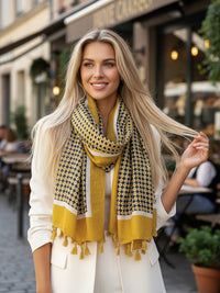 LARGE MUSTARD YELLOW DIAMOND PRINT SHAWL SCARF WITH TASSELS