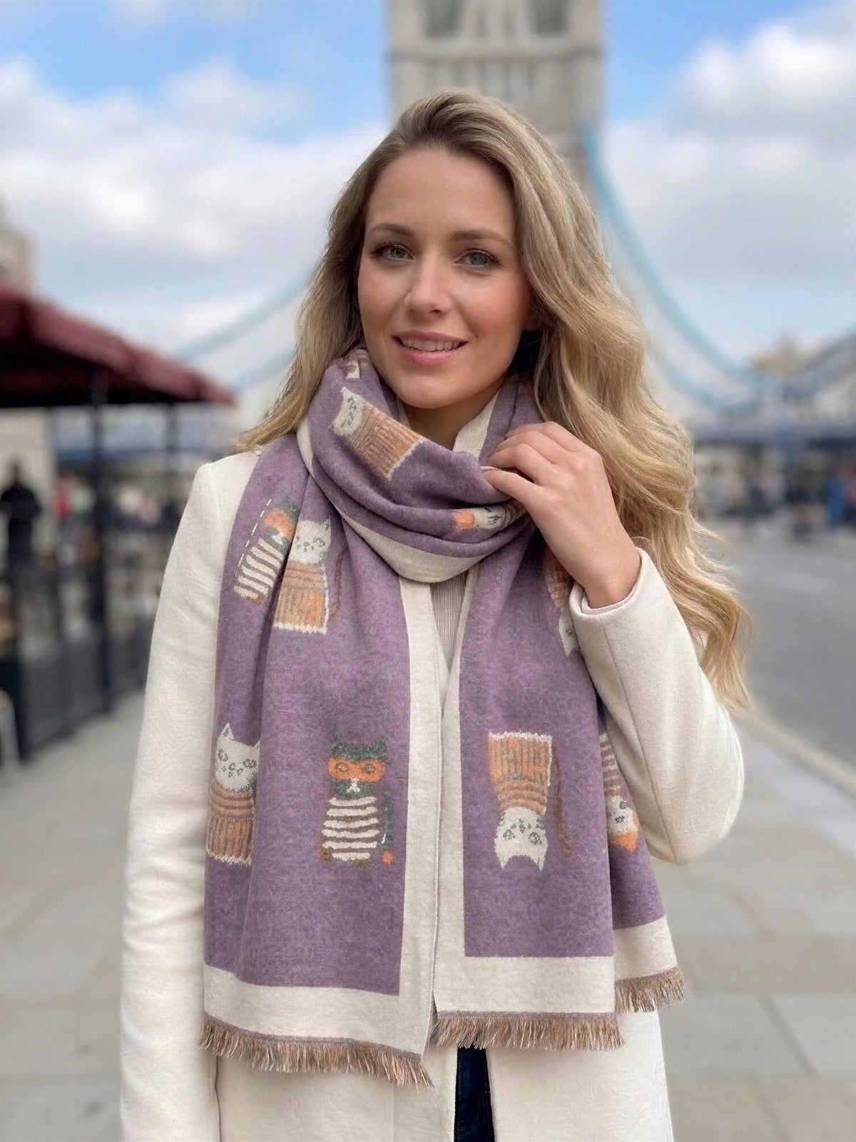 LARGE CASHMERE LILAC CAT PRINT REVERSIBLE WINTER SHAWL BLANKET SCARF