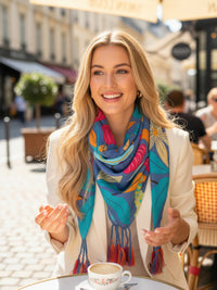 BLUE ROSE FLORAL PRINT SQUARE TASSEL SCARF - A-SHU.CO.UK