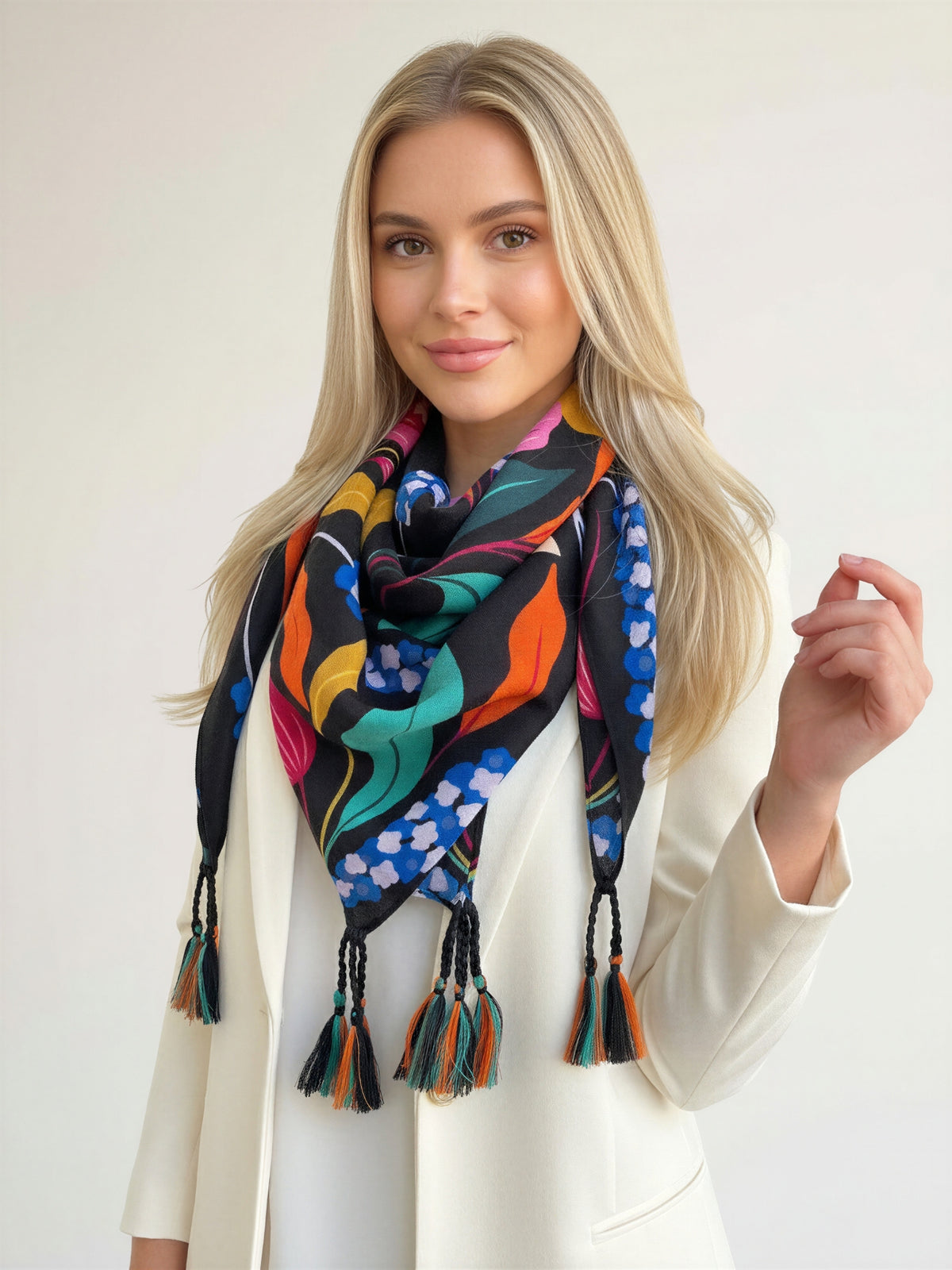 BLACK ROSE FLORAL PRINT SQUARE TASSEL SCARF - A-SHU.CO.UK