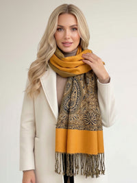 LARGE PLAIN YELLOW REVERSIBLE MULTI COLOUR PAISLEY PRINT PASHMINA SHAWL SCARF WRAP - A-SHU.CO.UK