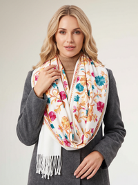 LARGE WHITE FLOWER PRINT CASHMERE COTTON BLEND WINTER SHAWL BLANKET SCARF