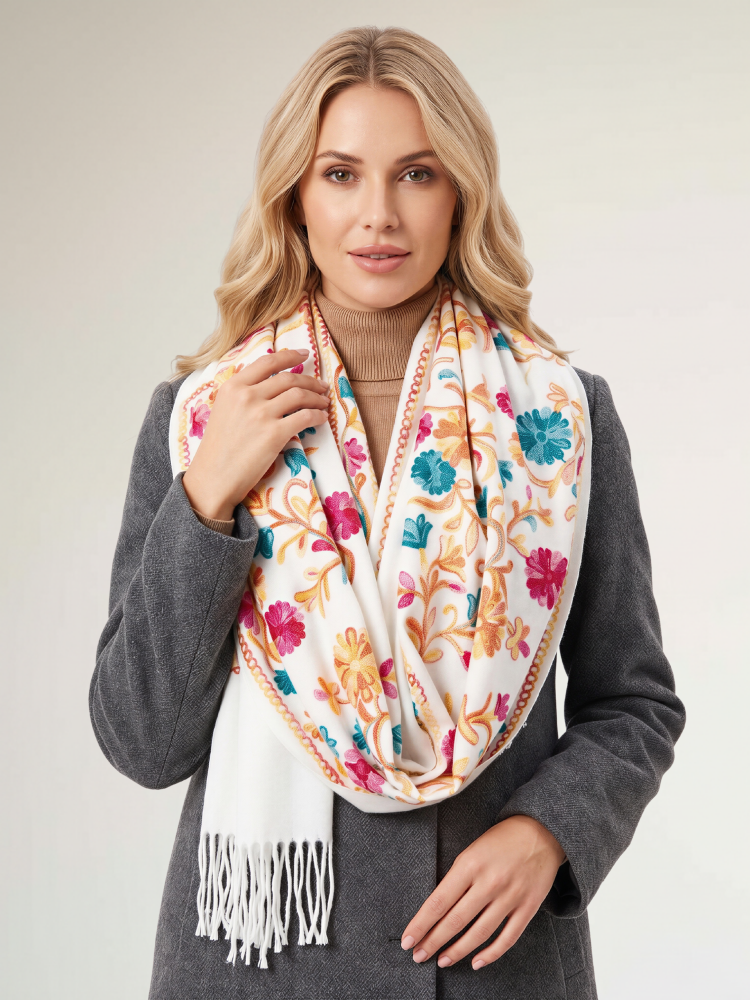LARGE WHITE FLOWER PRINT CASHMERE COTTON BLEND WINTER SHAWL BLANKET SCARF