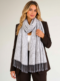 LARGE SILVER SWIRL FLORAL PRINT REVERSIBLE PASHMINA SHAWL SCARF - A-SHU.CO.UK