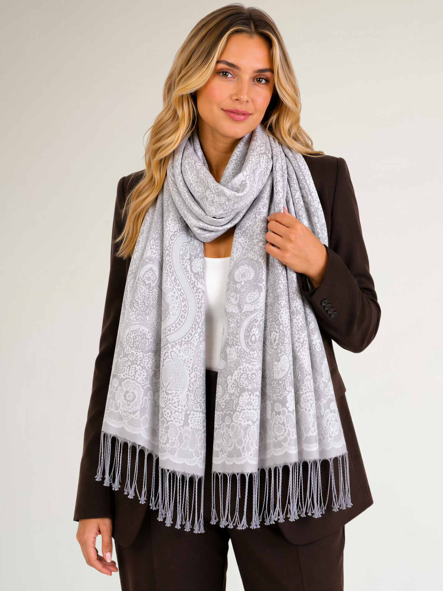 LARGE SILVER SWIRL FLORAL PRINT REVERSIBLE PASHMINA SHAWL SCARF - A-SHU.CO.UK