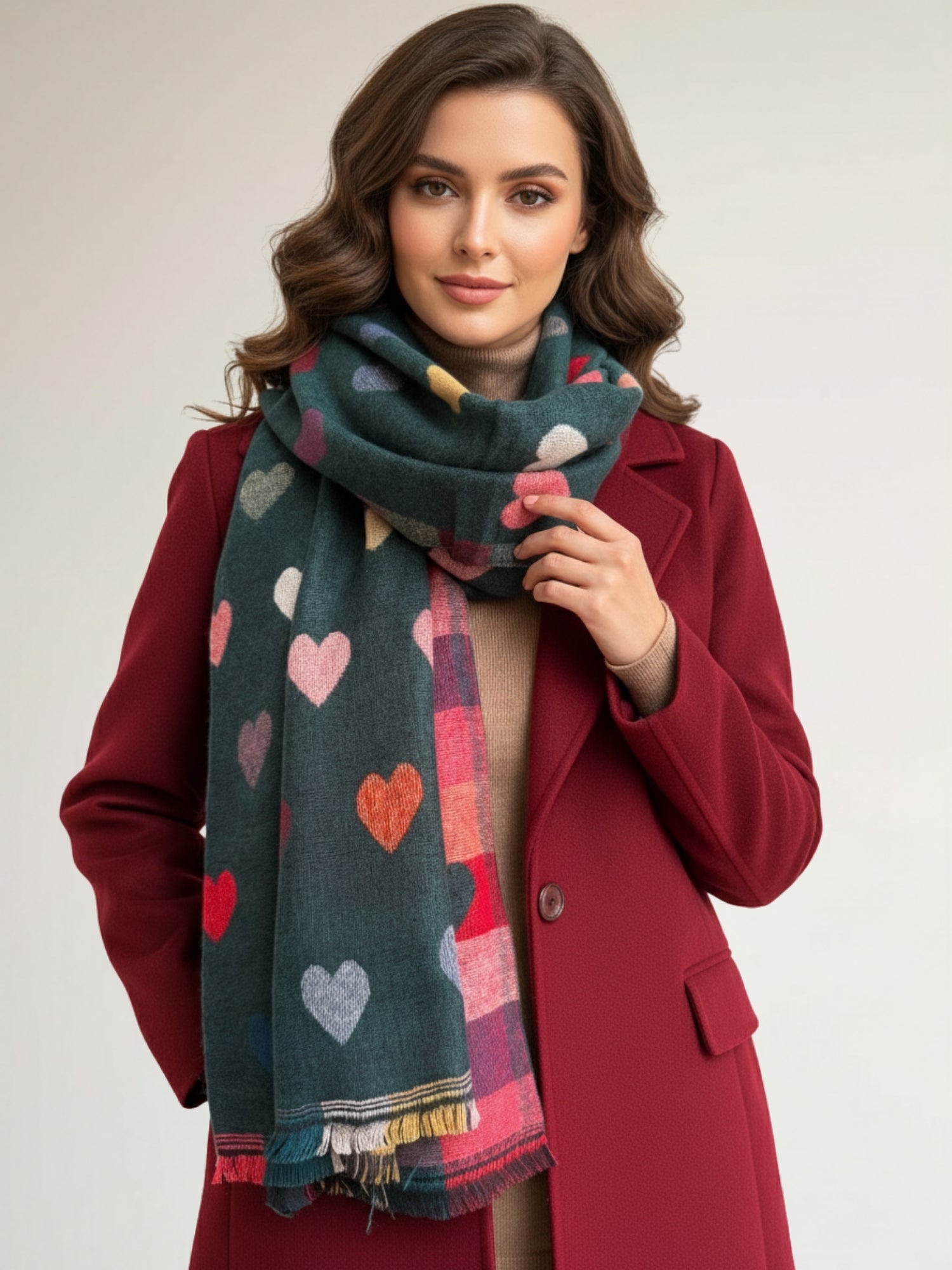 LARGE CHECKED HEART PRINT REVERSIBLE WINTER SHAWL BLANKET SCARF - TEAL
