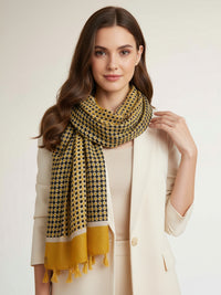 LARGE MUSTARD YELLOW DIAMOND PRINT SHAWL SCARF WITH TASSELS