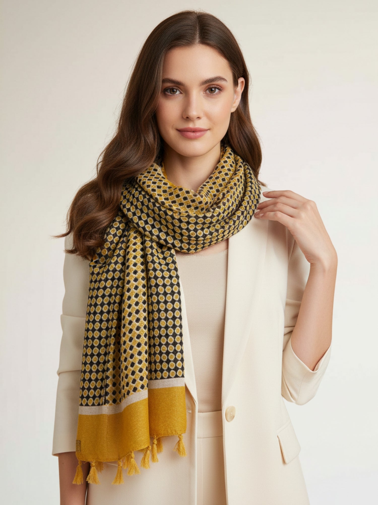 LARGE MUSTARD YELLOW DIAMOND PRINT SHAWL SCARF WITH TASSELS